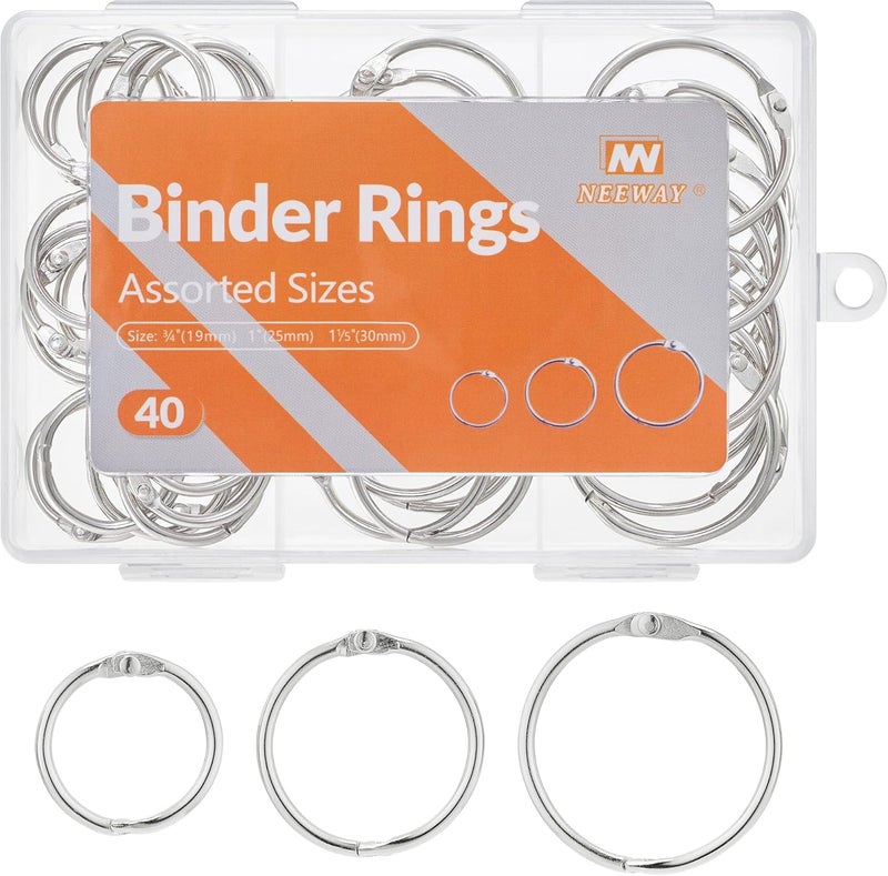 NEEWAY 40pcs Loose Leaf Binder Rings Assorted Sizes (0.75, 1, 1.2 Inch), Metal Rings for Index Cards, Flash Cards, Notebooks,Sliver - Image 1